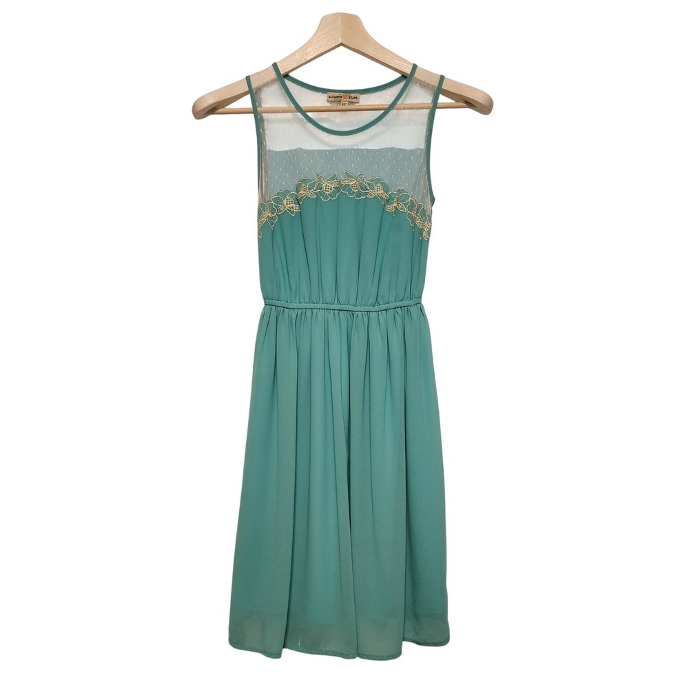 Altar'd State Floral Embroidered Mesh Swiss Dot Teal Green Dress Size XSmall
